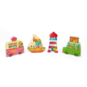 Janod Puzzles Premier Âge>Coffret 4 Puzzles en Bois pour Enfant Vacances 3D