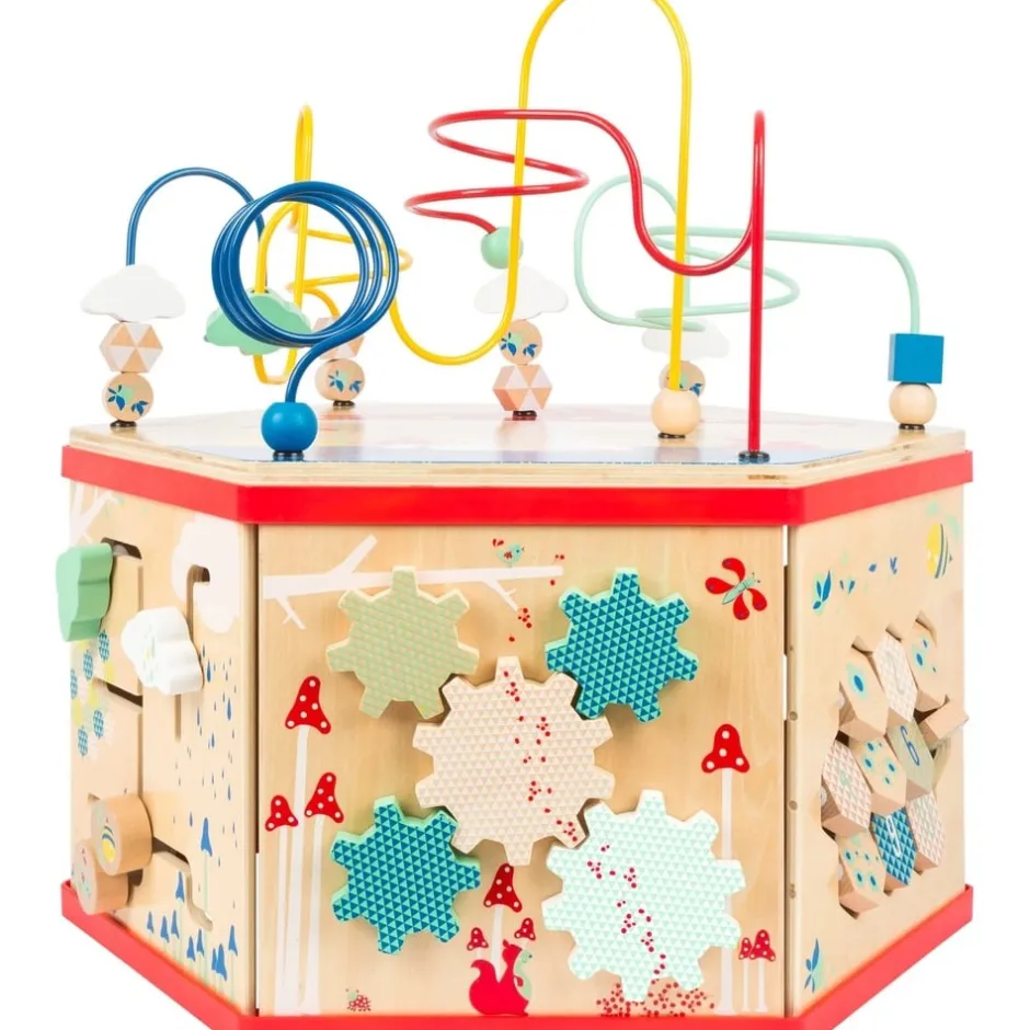 cube_dactivits_hexagonal__0.webp Small Foot Bouliers, Looping Et Tables Multi-activités>Cube d'activités hexagonal en bois bébé - Jeu d'éveil