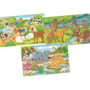 Goki Puzzles>Lot de 3 Puzzles 24 PCS Bois Animaux d'Ici et d'Ailleurs