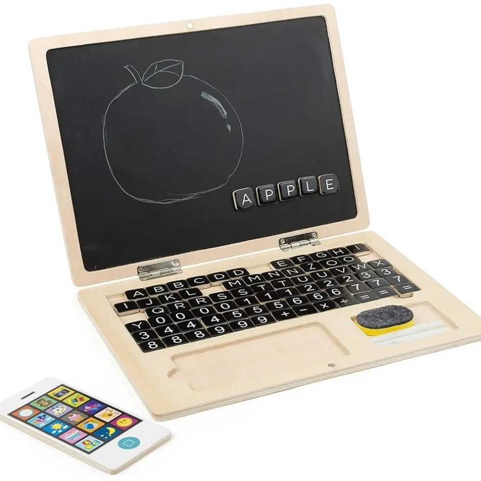 ordinateur_ardoise_aimant_2.webp Small Foot Lettres, Écriture Et Langage>Ordinateur ardoise aimantée Bois Enfant Jeu éducatif